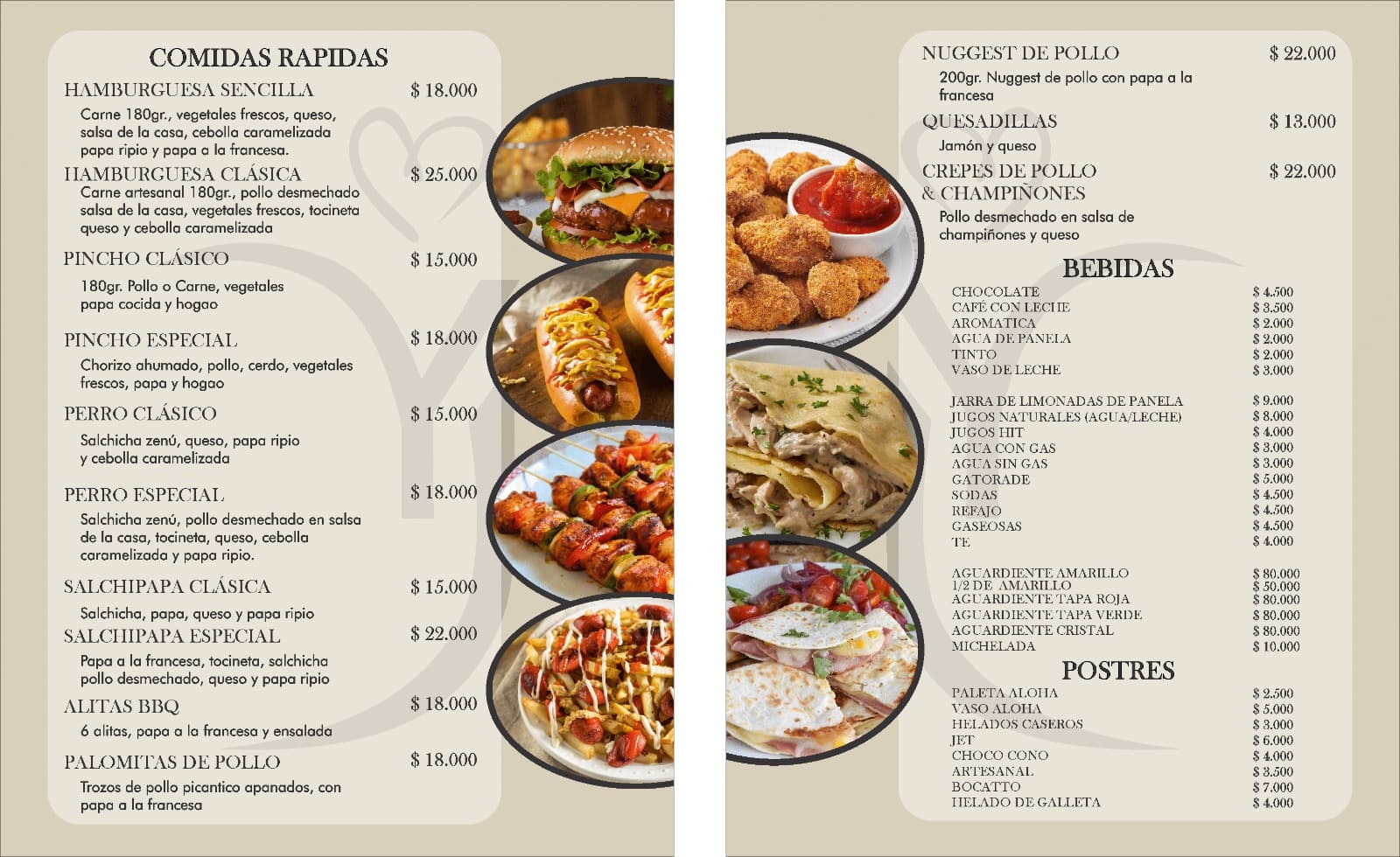 Carta de comidas rápidas, bebidas y postres